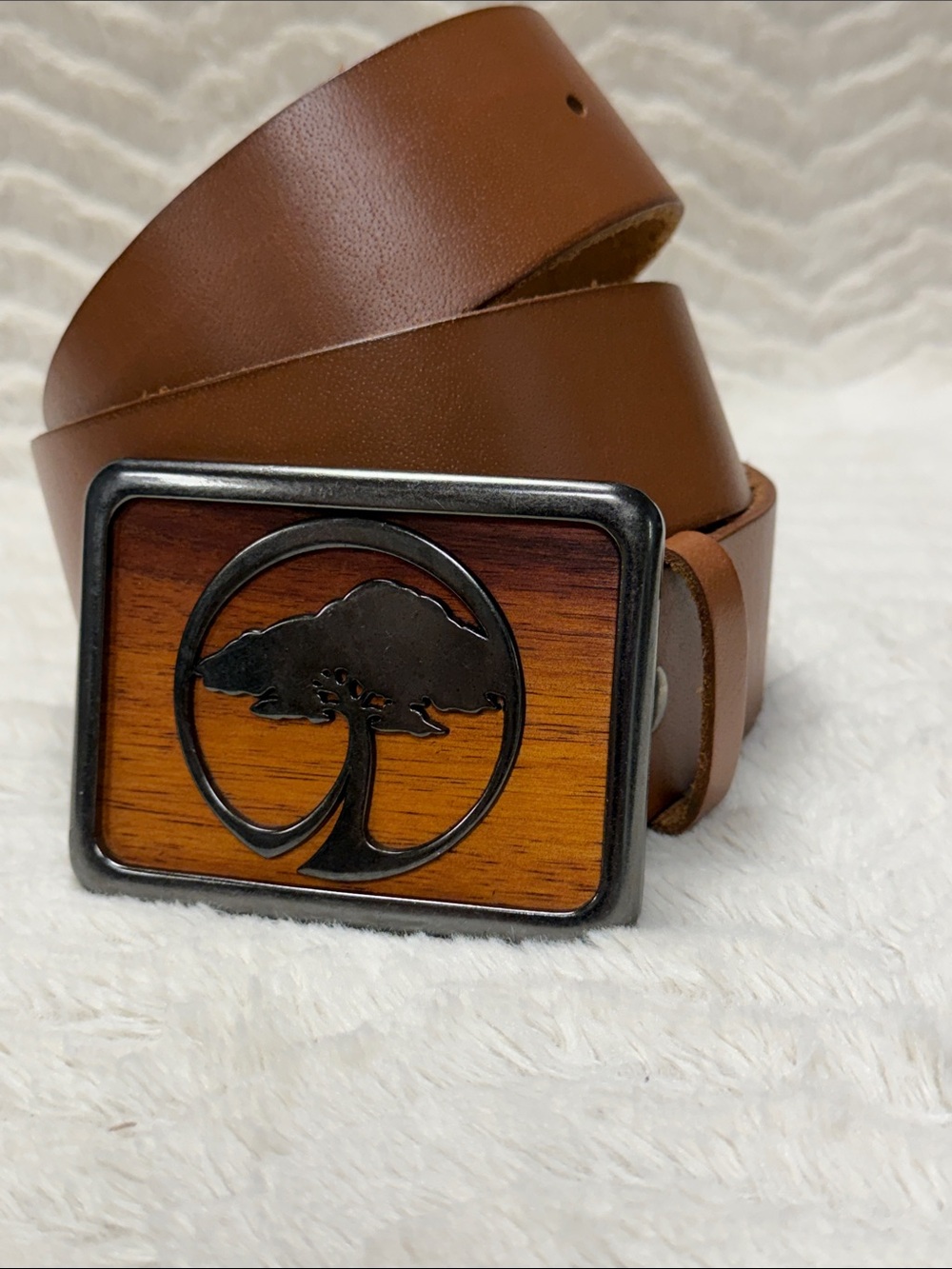 Arbor Collective Wide Leather Belt, metal buckle inlaid wood READ DESCRIPTION!!